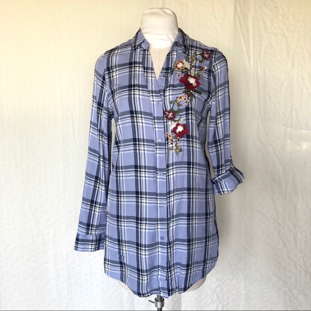 Blue Plaid Button Up w. Floral Embroidery